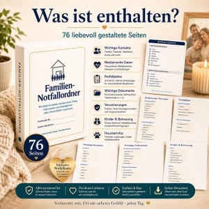 May include: A white binder titled Familien-Notfallordner with 76 pages for organizing emergency information. It includes sections for contacts, medical data, documents, insurance, childcare, and pet info, plus a separate emergency card.