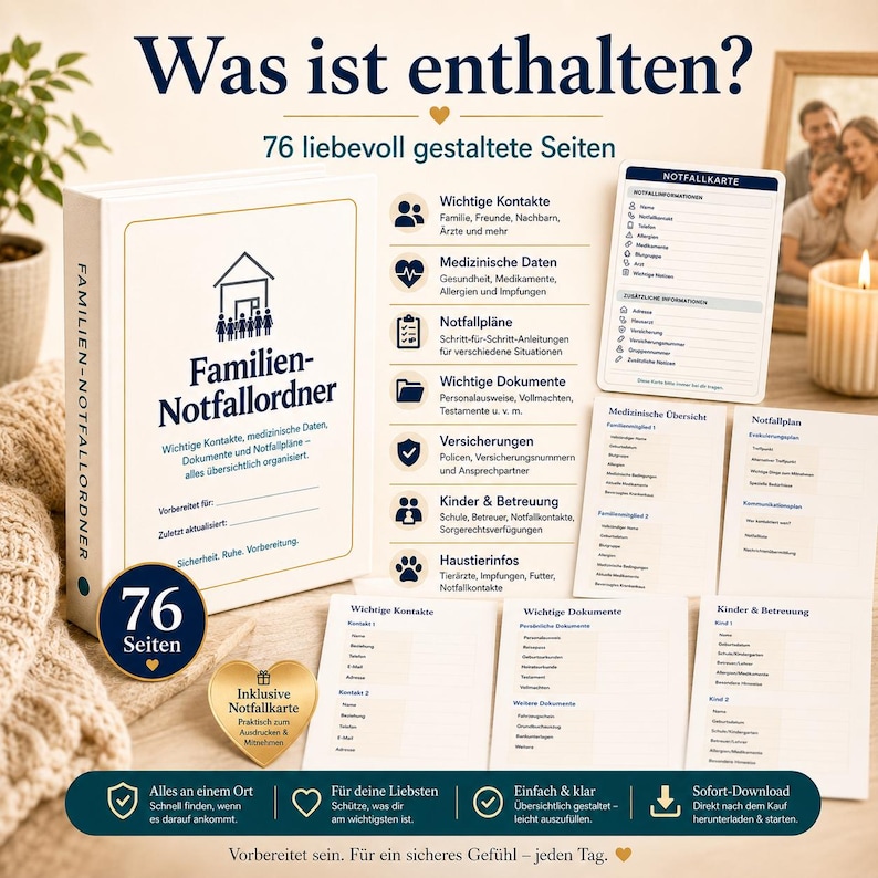 May include: A white binder titled Familien-Notfallordner with 76 pages for organizing emergency information. It includes sections for contacts, medical data, documents, insurance, childcare, and pet info, plus a separate emergency card.