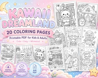 Kawaii Dreamland – 20 Magical Coloring Pages | Cute Cozy Printable PDF for Kids & Adults | Instant Digital Download