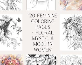 Digital Download Flower Crown Woman, Coloring Page, Printable Adult Coloring Page, Floral Printable wall art set with Coloring Pages,