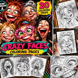 K&ouml;nnte beinhalten: Eine digitale Sammlung von 20 Ausmalbildern mit dem Titel Crazy Faces Coloring Pages, die Cartoon-Illustrationen verschiedener Charaktere mit &uuml;bertriebenen Gesichtsausdr&uuml;cken, gro&szlig;en Augen und breitem L&auml;cheln auf Papier und einem Tablet zeigt.