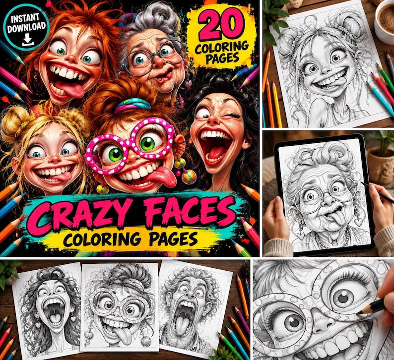 K&ouml;nnte beinhalten: Eine digitale Sammlung von 20 Ausmalbildern mit dem Titel Crazy Faces Coloring Pages, die Cartoon-Illustrationen verschiedener Charaktere mit &uuml;bertriebenen Gesichtsausdr&uuml;cken, gro&szlig;en Augen und breitem L&auml;cheln auf Papier und einem Tablet zeigt.