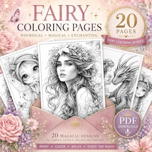 Könnte beinhalten: Ein digitales Set mit 20 Feen-Malvorlagen, das schwarz-weiße Strichzeichnungen von Feen, Elfen und einem Drachen enthält. Das Cover zeigt den Text Fairy Coloring Pages, 20 Pages und PDF Download, umgeben von rosa Rosen und floralen Akzenten.