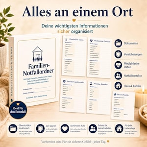 May include: A white binder titled Familien-Notfallordner with a house icon and a group of people. It includes internal pages for personal data, medical information, insurance details, and emergency contacts, organized with icons for documents and family.