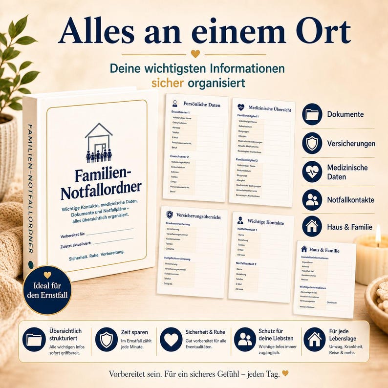 May include: A white binder titled Familien-Notfallordner with a house icon and a group of people. It includes internal pages for personal data, medical information, insurance details, and emergency contacts, organized with icons for documents and family.