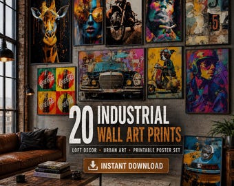 Industrial Wall Art Set with 20 printable urban posters for loft decor, apartments, offices, man caves and modern gallery walls. Instant dig