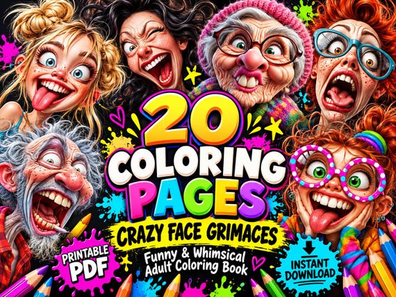 20 Crazy Faces Coloring Pages for Adults, Funny Printable Coloring Book, Instant Download PDF, Weird Faces, Stress Relief Activity