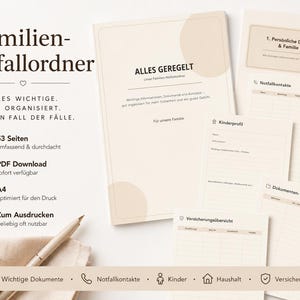 May include: A beige and white emergency binder organizer set with German text including Familien-Notfallordner, Alles Geregelt, and various document trackers. The set features multiple A4 pages for personal data, emergency contacts, and insurance details.