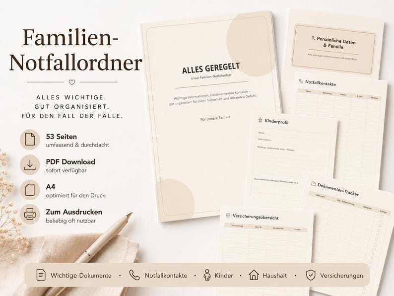 May include: A beige and white emergency binder organizer set with German text including Familien-Notfallordner, Alles Geregelt, and various document trackers. The set features multiple A4 pages for personal data, emergency contacts, and insurance details.