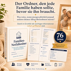 Op de afbeelding: Een witte ordner met de titel Familien-Notfallordner en een huisicoon, vergezeld van diverse geprinte informatiebladen voor contacten, medische gegevens, documenten en noodplannen. Een kleine kaart met Notfallinformationen is inbegrepen.
