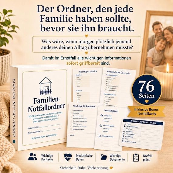 FAMILIEN NOTFALLORDNER PDF Deutsch | Wichtige Dokumente Organizer | Digitaler Download | Familienplaner A4 zum Ausdrucken