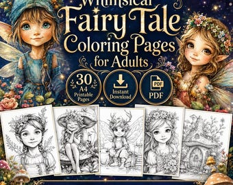 Whimsical Fairy Tale Coloring Pages for Adults, 30 A4 Printable PDF, Fantasy Coloring Book, Fairies Gnomes Mushroom Houses, Instant Download