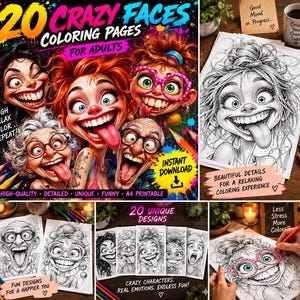 K&ouml;nnte beinhalten: Ein digitales Malbuch f&uuml;r Erwachsene mit 20 Seiten voller Zeichentrickfiguren mit &uuml;bertriebenen Gesichtsausdr&uuml;cken. Das Cover zeigt farbenfrohe Illustrationen von Personen mit breitem L&auml;cheln sowie schwarz-wei&szlig;e Linienzeichnungen.