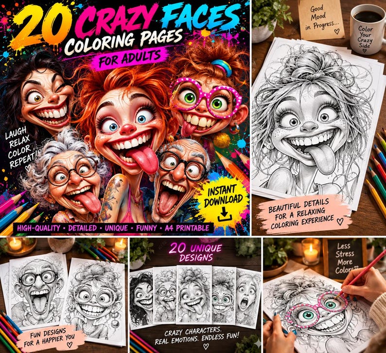 K&ouml;nnte beinhalten: Ein digitales Malbuch f&uuml;r Erwachsene mit 20 Seiten voller Zeichentrickfiguren mit &uuml;bertriebenen Gesichtsausdr&uuml;cken. Das Cover zeigt farbenfrohe Illustrationen von Personen mit breitem L&auml;cheln sowie schwarz-wei&szlig;e Linienzeichnungen.