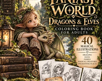 Libro para colorear de fantasía para adultos | 26 páginas para colorear de dragones y elfos | PDF imprimible | Páginas mágicas para colorear de fantasía