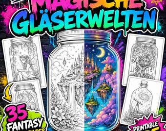 Magical Glass Worlds – 35 Fantasy Coloring Pages as Printable PDFs | Fairies, Castles, Dragons, Mermaids & Fairytale Worlds