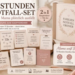 Könnte beinhalten: Ein 72-Stunden-Notfall-Set für Familien, bestehend aus einem Ordner mit der Aufschrift FAMILIEN NOTFALL ORDNER und verschiedenen Informationskarten mit deutschem Text. Das Set enthält Checklisten, Prioritätenkarten und eine Mama weiß Bescheid Bonuskarte.