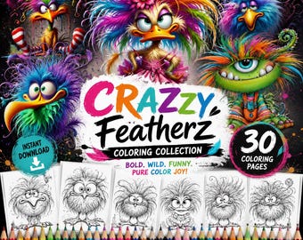 30 Adult Coloring Pages PDF – Funny Fur & Featherz, Crazy Creatures, Detailed Printable Coloring Book, Instant Download