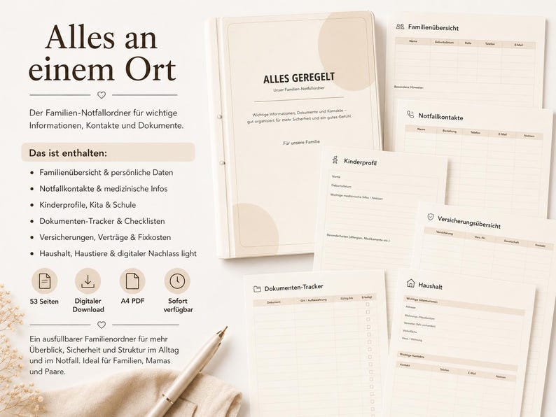 May include: A beige binder titled ALLES GEREGELT with several printed A4 pages featuring German text headers like Familien&uuml;bersicht, Notfallkontakte, Kinderprofil, Versicherungs&uuml;bersicht, Haushalt, and Dokumenten-Tracker, accompanied by a metallic pen.