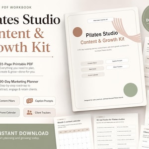 Könnte beinhalten: Ein 31-seitiges, druckbares PDF-Arbeitsbuch für Pilates-Studios mit einem 90-Tage-Marketingplaner, Inhaltsbausteinen, Bildunterschriften, Werbekalendern und Kunden-Trackern. Das Set enthält eine 90-Tage-Roadmap und einen Testimonial-Sammler.