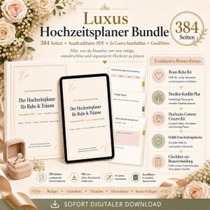 Könnte beinhalten: Ein digitales Hochzeitsplaner-Bundle mit 384 Seiten, das ein Tablet-Display, ein gedrucktes Planer-Cover und eine Liste mit fünf Bonus-Extras zeigt. Enthält Symbole für die Kompatibilität mit PDF, Canva und GoodNotes.
