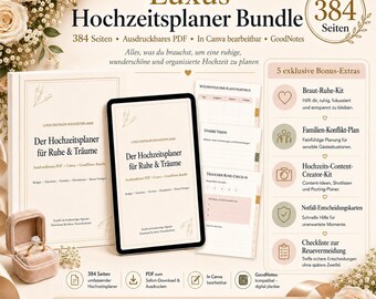 Luxury Wedding Planner Bundle, Digital Wedding Planner PDF, Canva Template & GoodNotes, 384 Pages with Budget, Guest List, 5 Bonus Extras