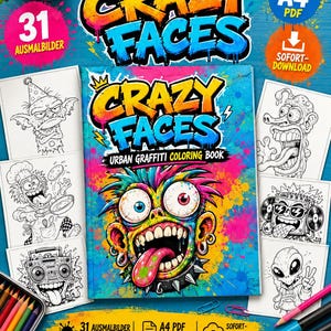 May include: A digital colouring book titled Crazy Faces Urban Graffiti Colouring Book featuring a colourful monster illustration on the cover. The set includes 31 printable colouring pages in A4 PDF format with various black and white character designs.