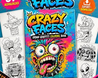 Crazy Faces Coloring Book – 31 Urban Graffiti Coloring Pages, A4 Printable PDF, Funny Monster Coloring Pages, Digital Download