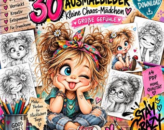 Chaos Girls Coloring Pages for Adults – 30 Crazy & Cute Designs | Printable Coloring Pages | Instant PDF Download