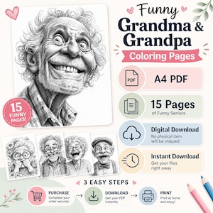 Può includere: Una collezione digitale di 15 pagine da colorare Funny Grandma & Grandpa in formato PDF A4. Il set presenta illustrazioni in bianco e nero di personaggi anziani con volti espressivi. Include istruzioni per l'acquisto, il download e la stampa.
