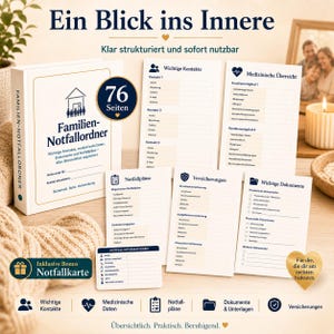 May include: A white family emergency binder titled Familien-Notfallordner with 76 pages, featuring internal forms for contacts, medical data, emergency plans, insurance, and documents. Includes a bonus emergency card and icons for organization.