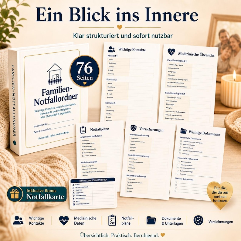 May include: A white family emergency binder titled Familien-Notfallordner with 76 pages, featuring internal forms for contacts, medical data, emergency plans, insurance, and documents. Includes a bonus emergency card and icons for organization.