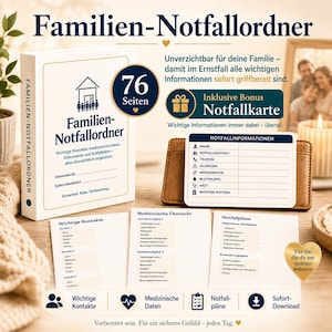 May include: A white binder titled Familien-Notfallordner with 76 pages, featuring a blue house icon and text. It includes a bonus emergency card with fields for name, contact, phone, allergies, medication, blood type, doctor, and notes.