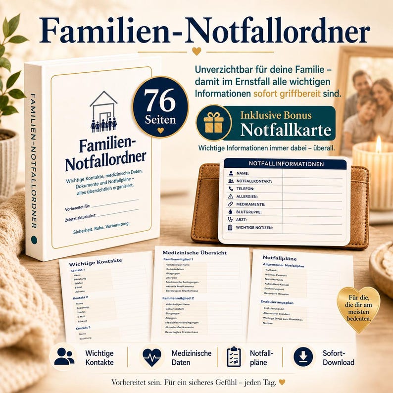 May include: A white binder titled Familien-Notfallordner with 76 pages, featuring a blue house icon and text. It includes a bonus emergency card with fields for name, contact, phone, allergies, medication, blood type, doctor, and notes.