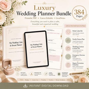Luxury Wedding Planner Bundle with 5 Exclusive Bonus Extras, Digital Wedding Planner PDF, GoodNotes Planner, Canva Editable Bridal Planner