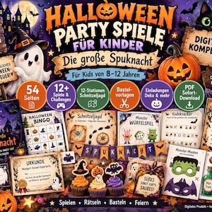 Könnte beinhalten: Ein digitales Halloween-Party-Komplettset für Kinder mit dem Text Halloween Party Spiele für Kinder, Die große Spuknacht, inklusive Bingo-Karten, Schnitzeljagd-Stationen, Monster-Masken, Einladungen und Bastelvorlagen mit Kürbis- und Geistermotiven.