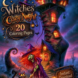 Op de afbeelding: Een digitale kleurboekcover getiteld Witches' Cozy Night met 20 Coloring Pages en Instant Download. Het toont een groenhuidige heks met rood haar, een zwarte kat en een huis in de vorm van een hoge laars onder een halve maan.