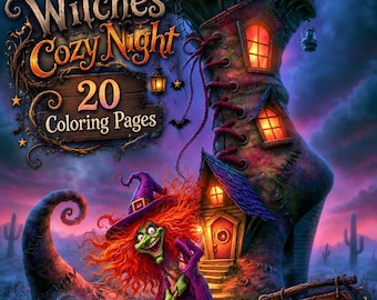 Könnte beinhalten: Ein digitales Malbuch-Cover mit dem Titel Witches' Cozy Night, 20 Coloring Pages und Instant Download. Es zeigt eine grünhäutige Hexe mit rotem Haar, eine schwarze Katze und ein Haus in Form eines hohen Stiefels unter einem zunehmenden Mond.