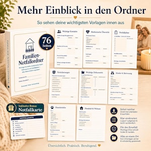 May include: A white binder titled Familien-Notfallordner with 76 pages, accompanied by eight printed templates for emergency contacts, medical data, insurance, documents, childcare, pet info, and household details, plus a bonus emergency card.