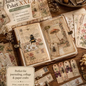 Könnte beinhalten: Ein Junk-Journal-Set mit einem aufgeschlagenen Buch, das Vintage-Illustrationen von Bienen und Pilzen, florale Papier-Ephemera und Anhänger zeigt. Das Set enthält bedruckte Bögen, eine Metallschere und verschiedene dekorative Papierreste.