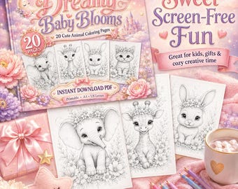 Baby Animal Coloring Pages Printable PDF, 20 Cute Kawaii Animals, Floral Coloring Book for Kids, Instant Download, A4 & US Letter