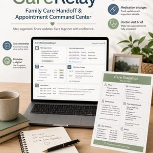 Könnte beinhalten: Ein CareRelay-Dashboard auf einem Laptop-Bildschirm und ein ausgedrucktes Care Snapshot-Dokument. Das Dashboard zeigt Termine, Aufgabenlisten, Medikamentenänderungen und Updates an. Das gedruckte Dokument fasst Patienteninformationen, Medikamente und Kontakte zusammen.