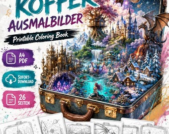 26 Fantasy Suitcase Coloring Pages – Magical Worlds to Color | Printable Coloring Book PDF | A4 Instant Download | Adults & Children