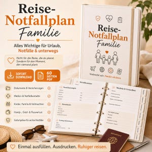 Puede incluir: Un planificador de emergencias de viaje para familias titulado Reise-Notfallplan Familie, con un interior de anillas con secciones para seguros, detalles médicos y contactos. Incluye iconos de una familia, avión y pasaporte, junto a un pequeño pasaporte marrón.