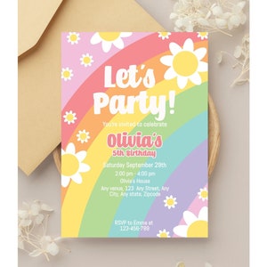 Daisy Pastel Rainbow Birthday Party Invitation, Let's Party Groovy Daisy Bday Invite, Any Age Birthday, Editable Invite A124