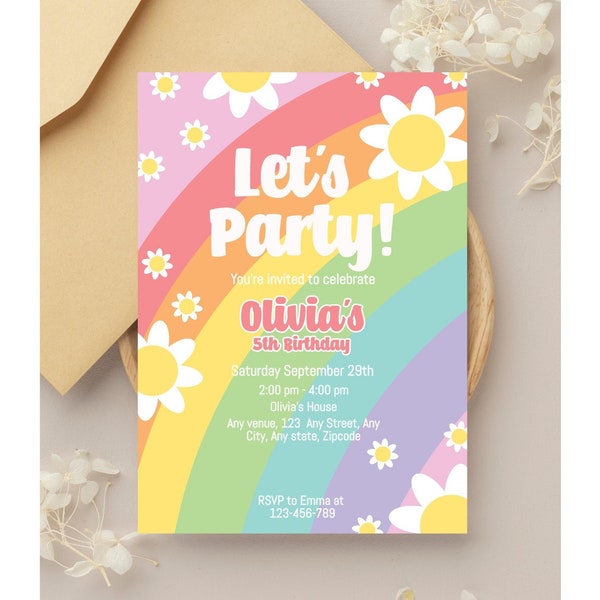Gänseblümchen-Pastellregenbogen-Geburtstagsfeiereinladung, lass uns Party machen Gänseblümchen-Bday einladen, jedes Alter Geburtstag, bearbeitbares Einladen A124
