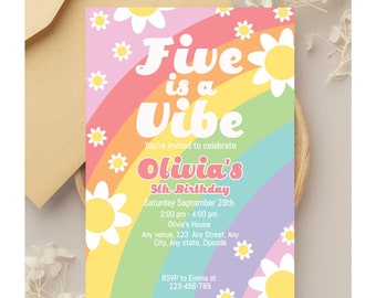 Five Is A Vibe, Daisy Pastel Rainbow Birthday Party Invitation, Groovy Daisy Bday Invite, Any Age Birthday, Editable Invite