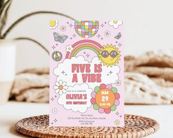 Editable Groovy Five Is A Vibe Birthday Party Invitation Retro Boho Hippie Flower Bday Invite 60s 70 Girl Pink Rainbow Digital Download A125