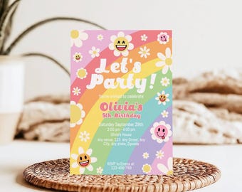 Smiley Daisy Pastel Rainbow Birthday Party Invitation Let's Party Groovy Flower Bday Invite Preppy Retro Editable Invite Digital Download