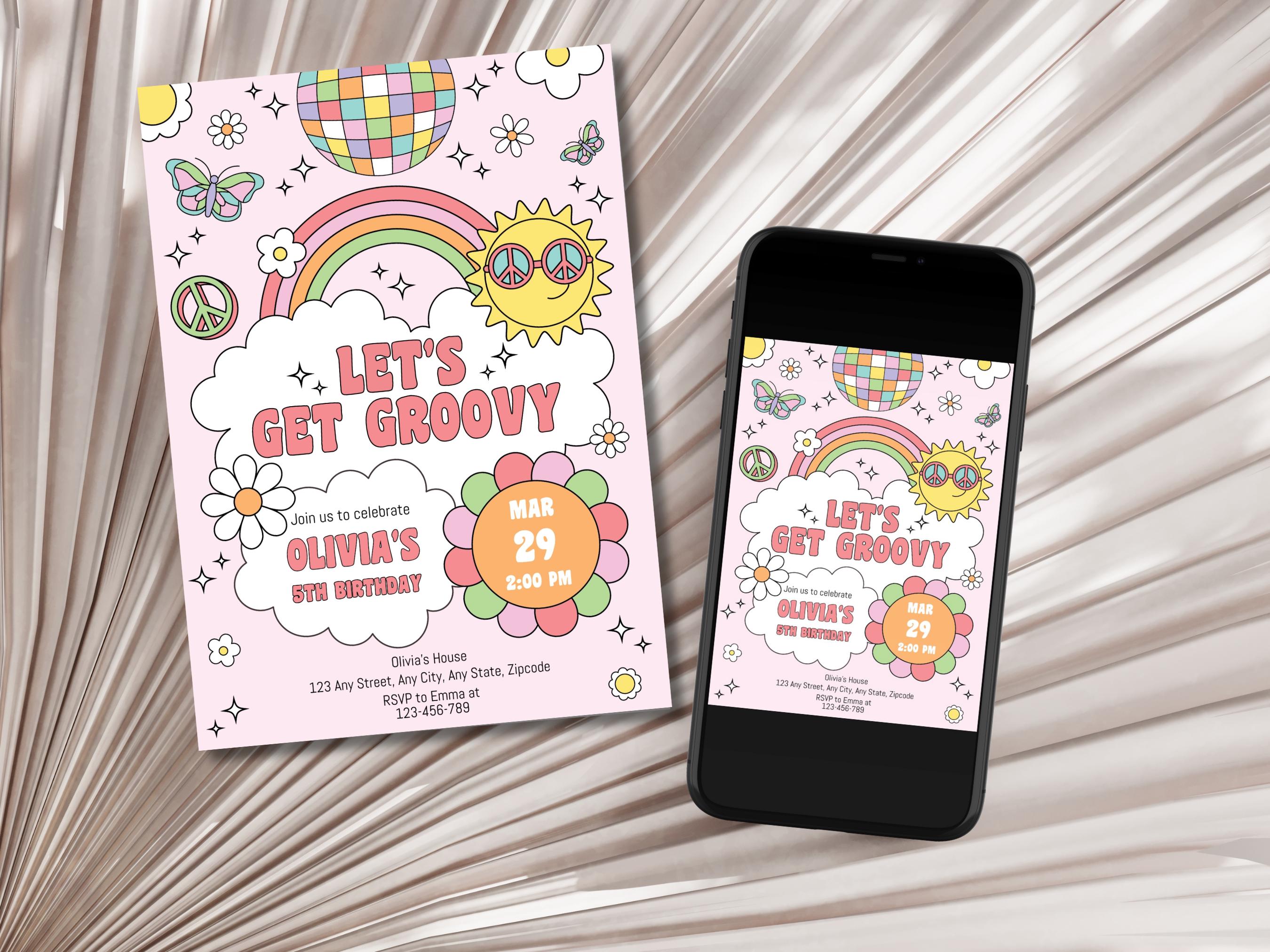 Editable Let's Get Groovy Birthday Party Invitation Retro Hippie Flower ...